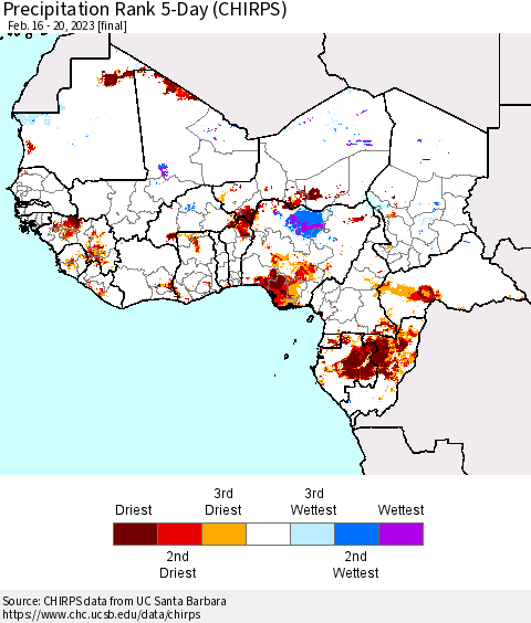 Western Africa Precipitation Rank since 1981, 5-Day (CHIRPS) Thematic Map For 2/16/2023 - 2/20/2023