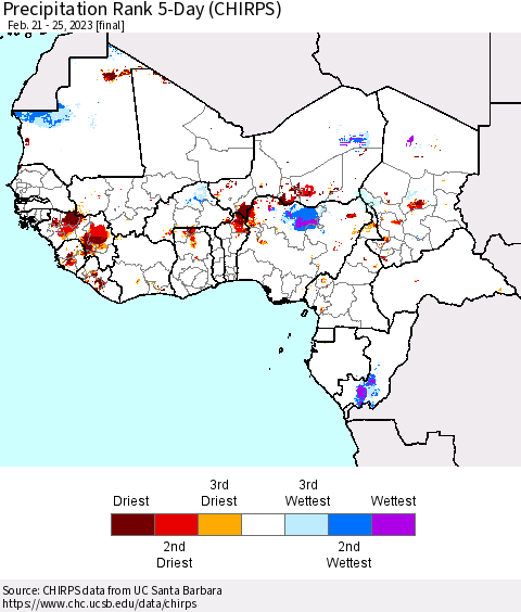 Western Africa Precipitation Rank since 1981, 5-Day (CHIRPS) Thematic Map For 2/21/2023 - 2/25/2023