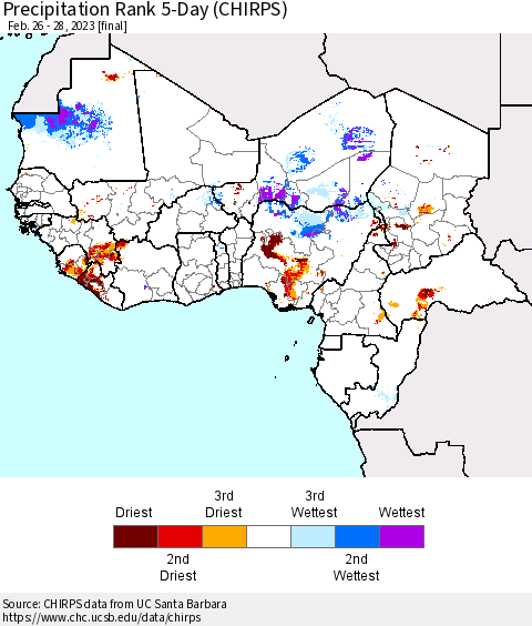 Western Africa Precipitation Rank since 1981, 5-Day (CHIRPS) Thematic Map For 2/26/2023 - 2/28/2023