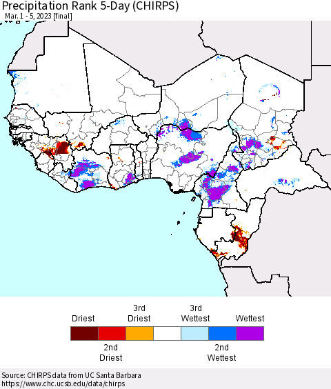 Western Africa Precipitation Rank since 1981, 5-Day (CHIRPS) Thematic Map For 3/1/2023 - 3/5/2023