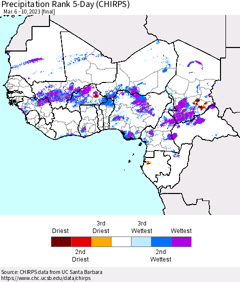 Western Africa Precipitation Rank since 1981, 5-Day (CHIRPS) Thematic Map For 3/6/2023 - 3/10/2023