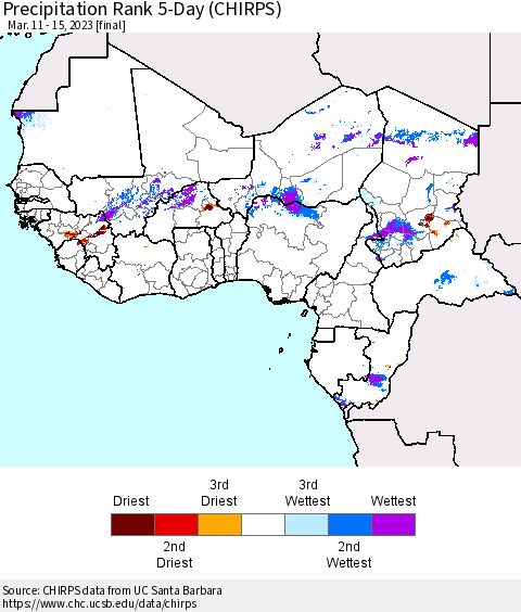 Western Africa Precipitation Rank since 1981, 5-Day (CHIRPS) Thematic Map For 3/11/2023 - 3/15/2023