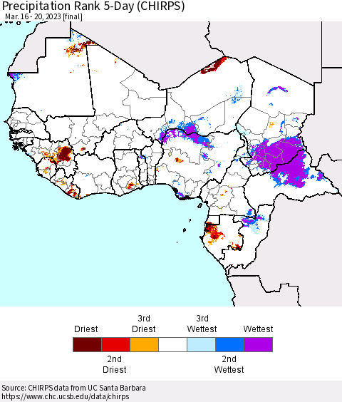 Western Africa Precipitation Rank since 1981, 5-Day (CHIRPS) Thematic Map For 3/16/2023 - 3/20/2023