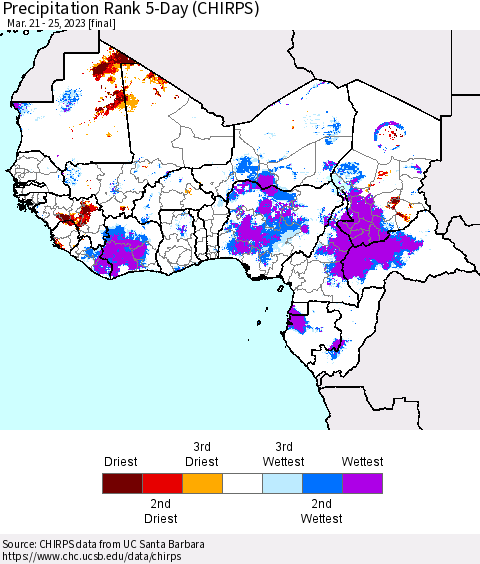 Western Africa Precipitation Rank since 1981, 5-Day (CHIRPS) Thematic Map For 3/21/2023 - 3/25/2023