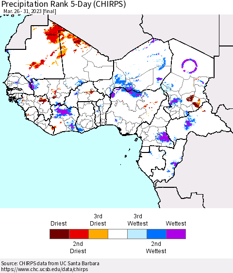 Western Africa Precipitation Rank since 1981, 5-Day (CHIRPS) Thematic Map For 3/26/2023 - 3/31/2023
