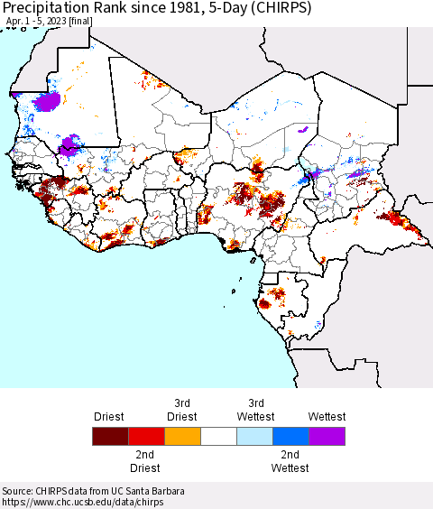 Western Africa Precipitation Rank since 1981, 5-Day (CHIRPS) Thematic Map For 4/1/2023 - 4/5/2023