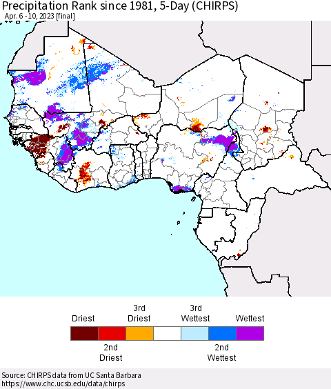 Western Africa Precipitation Rank since 1981, 5-Day (CHIRPS) Thematic Map For 4/6/2023 - 4/10/2023