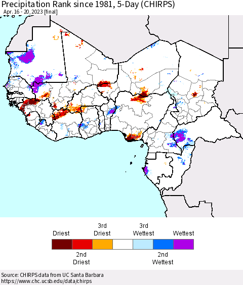 Western Africa Precipitation Rank since 1981, 5-Day (CHIRPS) Thematic Map For 4/16/2023 - 4/20/2023