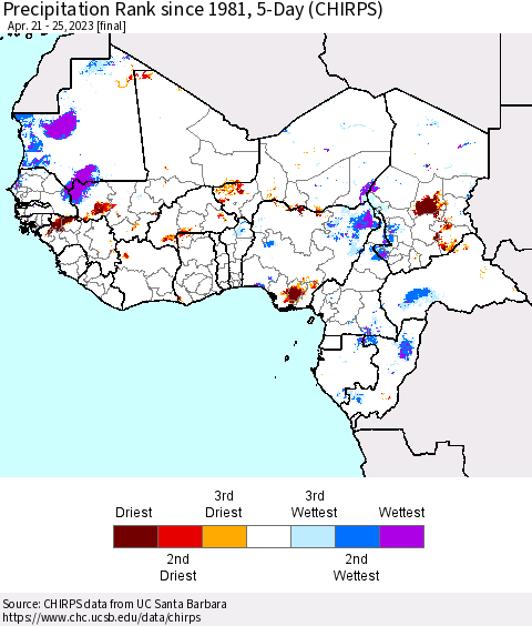 Western Africa Precipitation Rank since 1981, 5-Day (CHIRPS) Thematic Map For 4/21/2023 - 4/25/2023