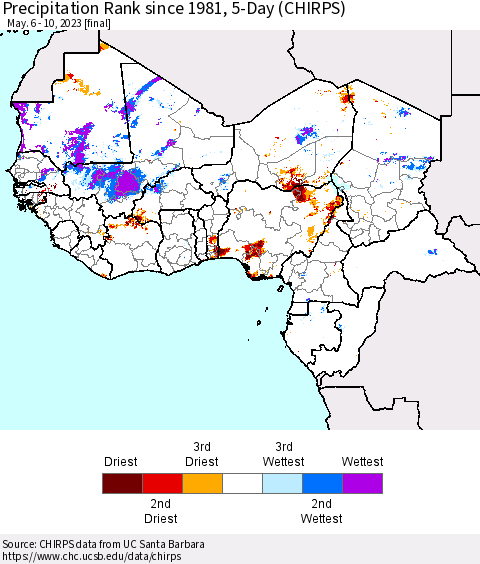Western Africa Precipitation Rank since 1981, 5-Day (CHIRPS) Thematic Map For 5/6/2023 - 5/10/2023