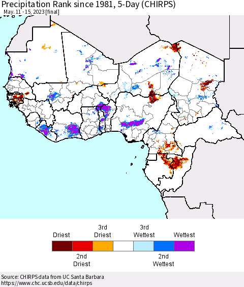 Western Africa Precipitation Rank since 1981, 5-Day (CHIRPS) Thematic Map For 5/11/2023 - 5/15/2023
