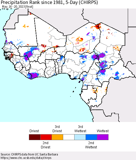 Western Africa Precipitation Rank since 1981, 5-Day (CHIRPS) Thematic Map For 5/16/2023 - 5/20/2023