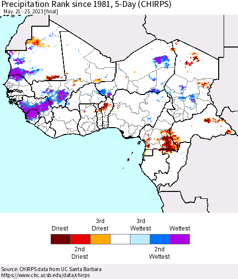 Western Africa Precipitation Rank since 1981, 5-Day (CHIRPS) Thematic Map For 5/21/2023 - 5/25/2023
