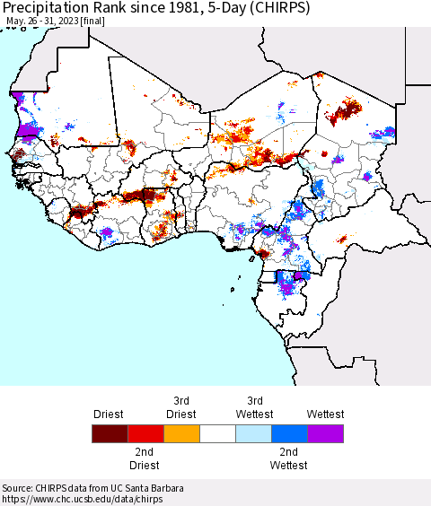 Western Africa Precipitation Rank since 1981, 5-Day (CHIRPS) Thematic Map For 5/26/2023 - 5/31/2023