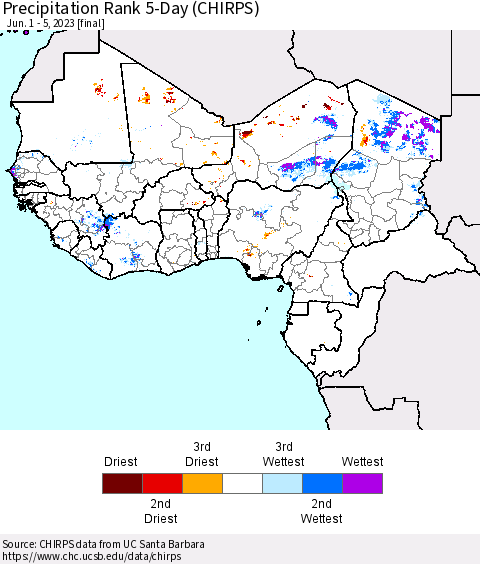 Western Africa Precipitation Rank since 1981, 5-Day (CHIRPS) Thematic Map For 6/1/2023 - 6/5/2023