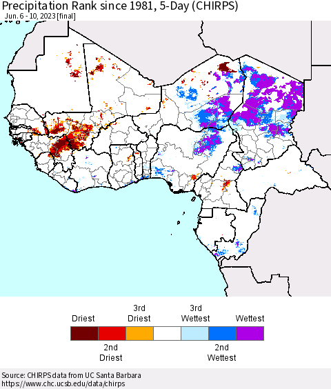 Western Africa Precipitation Rank since 1981, 5-Day (CHIRPS) Thematic Map For 6/6/2023 - 6/10/2023