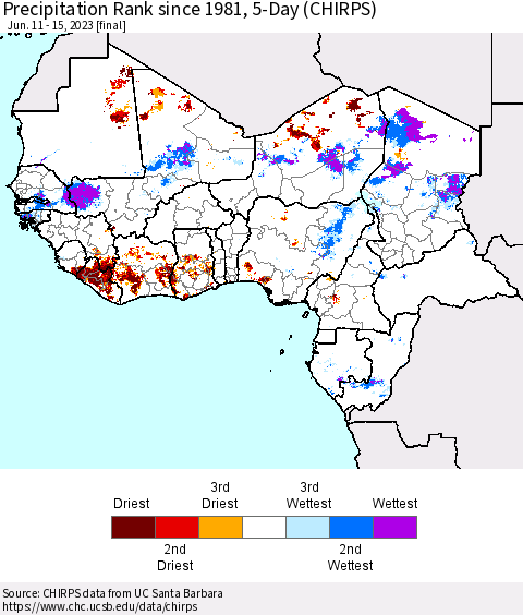 Western Africa Precipitation Rank since 1981, 5-Day (CHIRPS) Thematic Map For 6/11/2023 - 6/15/2023