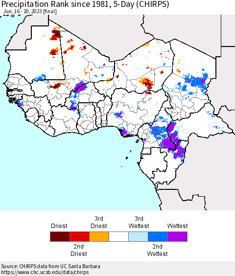 Western Africa Precipitation Rank since 1981, 5-Day (CHIRPS) Thematic Map For 6/16/2023 - 6/20/2023
