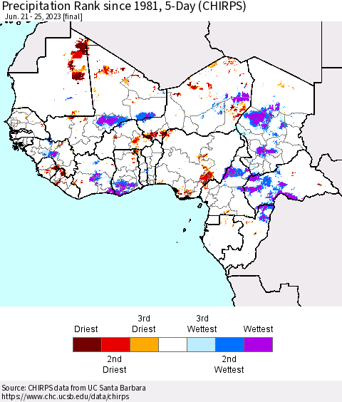 Western Africa Precipitation Rank since 1981, 5-Day (CHIRPS) Thematic Map For 6/21/2023 - 6/25/2023