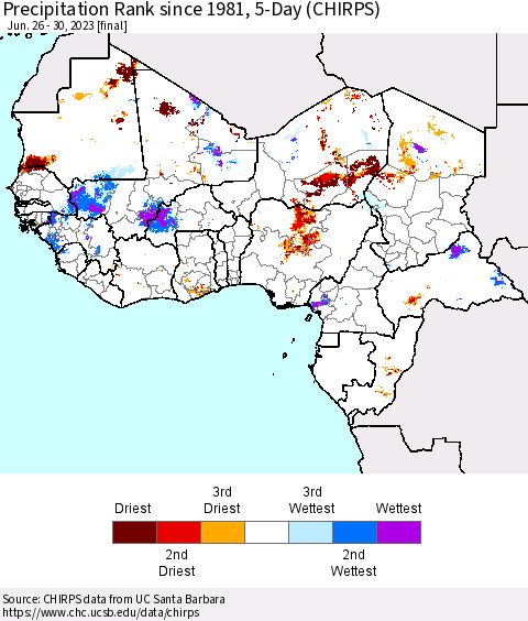 Western Africa Precipitation Rank since 1981, 5-Day (CHIRPS) Thematic Map For 6/26/2023 - 6/30/2023