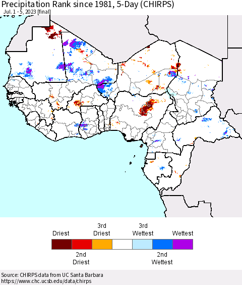 Western Africa Precipitation Rank since 1981, 5-Day (CHIRPS) Thematic Map For 7/1/2023 - 7/5/2023