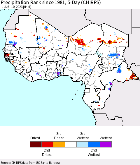 Western Africa Precipitation Rank since 1981, 5-Day (CHIRPS) Thematic Map For 7/6/2023 - 7/10/2023
