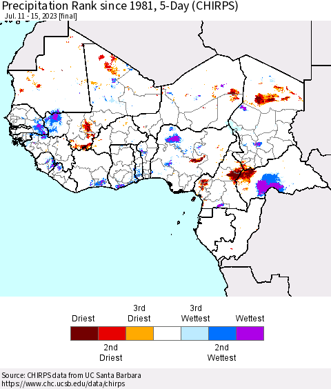 Western Africa Precipitation Rank since 1981, 5-Day (CHIRPS) Thematic Map For 7/11/2023 - 7/15/2023
