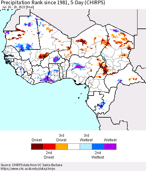 Western Africa Precipitation Rank since 1981, 5-Day (CHIRPS) Thematic Map For 7/16/2023 - 7/20/2023