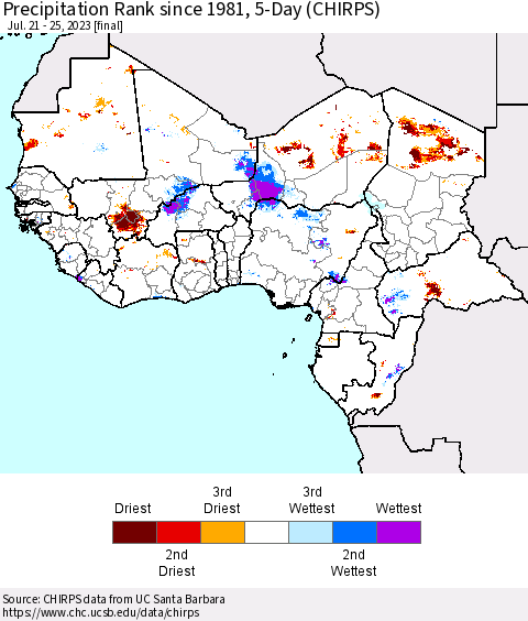 Western Africa Precipitation Rank since 1981, 5-Day (CHIRPS) Thematic Map For 7/21/2023 - 7/25/2023