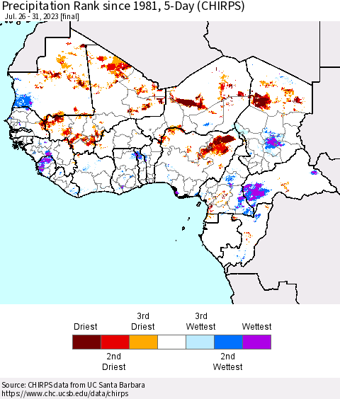 Western Africa Precipitation Rank since 1981, 5-Day (CHIRPS) Thematic Map For 7/26/2023 - 7/31/2023
