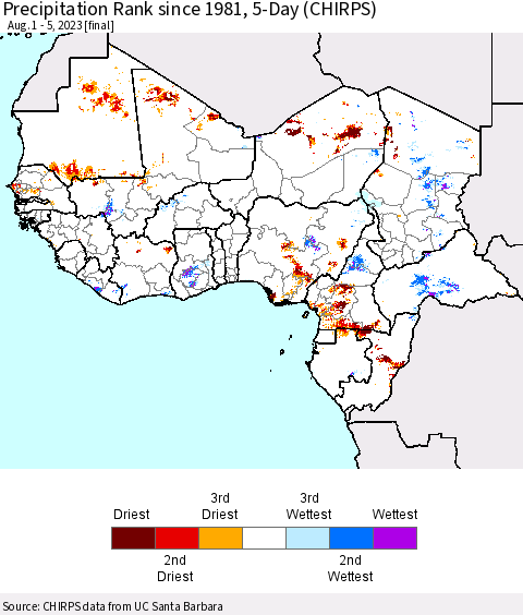 Western Africa Precipitation Rank since 1981, 5-Day (CHIRPS) Thematic Map For 8/1/2023 - 8/5/2023