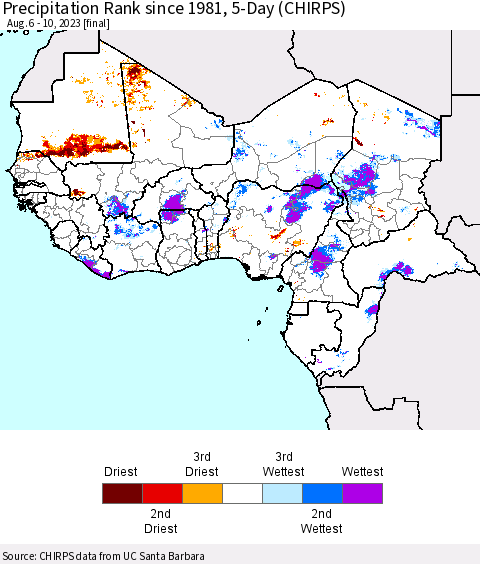Western Africa Precipitation Rank since 1981, 5-Day (CHIRPS) Thematic Map For 8/6/2023 - 8/10/2023