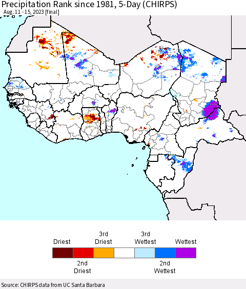 Western Africa Precipitation Rank since 1981, 5-Day (CHIRPS) Thematic Map For 8/11/2023 - 8/15/2023