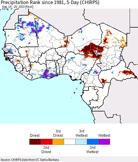 Western Africa Precipitation Rank since 1981, 5-Day (CHIRPS) Thematic Map For 8/16/2023 - 8/20/2023