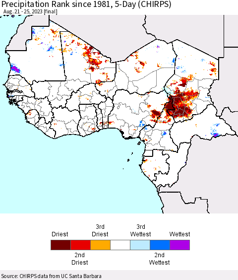 Western Africa Precipitation Rank since 1981, 5-Day (CHIRPS) Thematic Map For 8/21/2023 - 8/25/2023