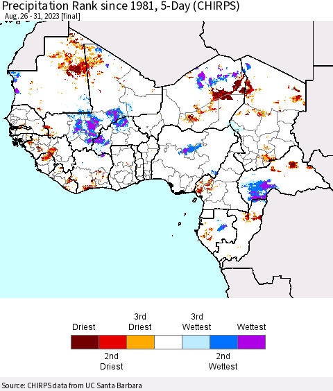 Western Africa Precipitation Rank since 1981, 5-Day (CHIRPS) Thematic Map For 8/26/2023 - 8/31/2023
