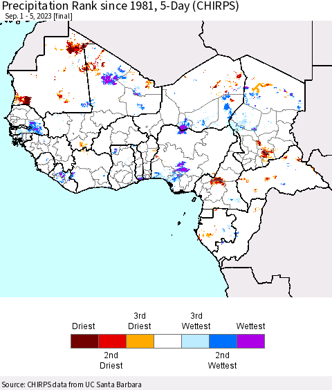 Western Africa Precipitation Rank since 1981, 5-Day (CHIRPS) Thematic Map For 9/1/2023 - 9/5/2023