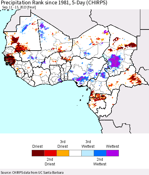 Western Africa Precipitation Rank since 1981, 5-Day (CHIRPS) Thematic Map For 9/11/2023 - 9/15/2023
