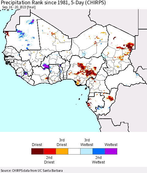 Western Africa Precipitation Rank since 1981, 5-Day (CHIRPS) Thematic Map For 9/16/2023 - 9/20/2023
