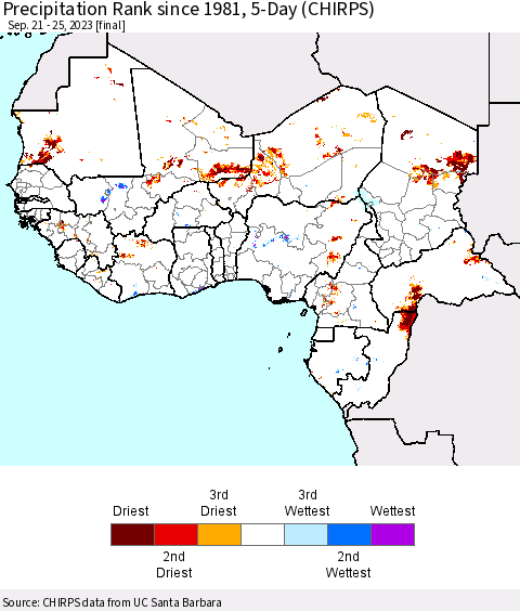 Western Africa Precipitation Rank since 1981, 5-Day (CHIRPS) Thematic Map For 9/21/2023 - 9/25/2023