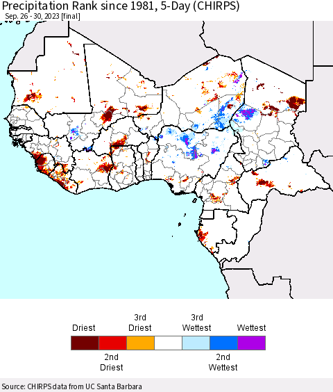 Western Africa Precipitation Rank since 1981, 5-Day (CHIRPS) Thematic Map For 9/26/2023 - 9/30/2023