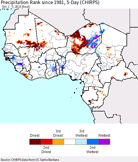 Western Africa Precipitation Rank since 1981, 5-Day (CHIRPS) Thematic Map For 10/1/2023 - 10/5/2023