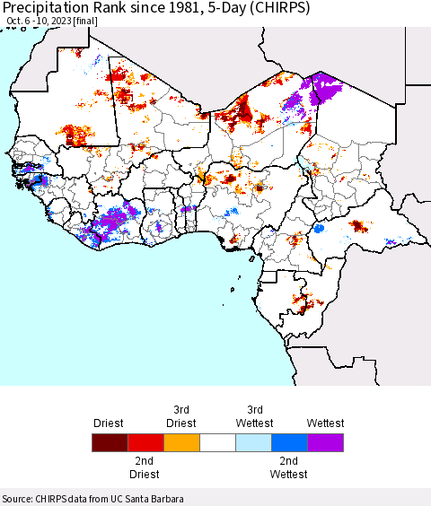 Western Africa Precipitation Rank since 1981, 5-Day (CHIRPS) Thematic Map For 10/6/2023 - 10/10/2023