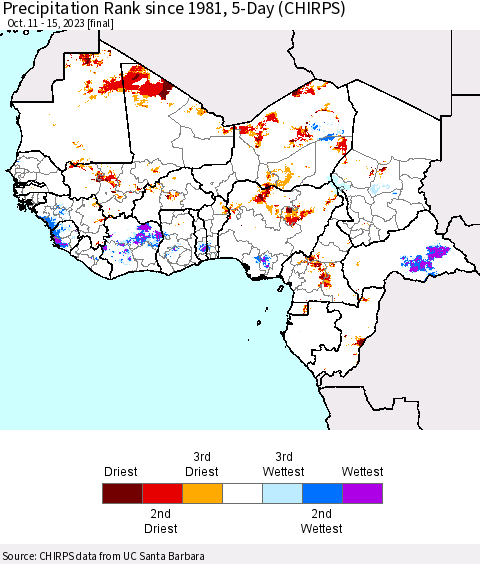 Western Africa Precipitation Rank since 1981, 5-Day (CHIRPS) Thematic Map For 10/11/2023 - 10/15/2023