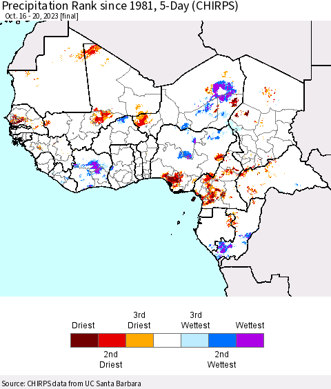 Western Africa Precipitation Rank since 1981, 5-Day (CHIRPS) Thematic Map For 10/16/2023 - 10/20/2023