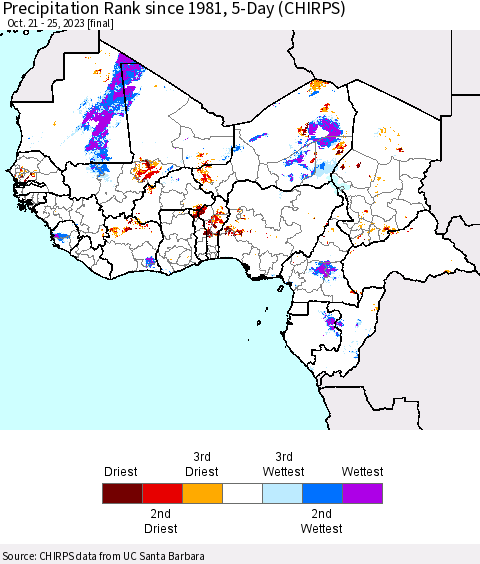 Western Africa Precipitation Rank since 1981, 5-Day (CHIRPS) Thematic Map For 10/21/2023 - 10/25/2023