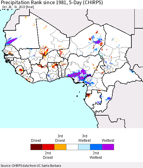 Western Africa Precipitation Rank since 1981, 5-Day (CHIRPS) Thematic Map For 10/26/2023 - 10/31/2023