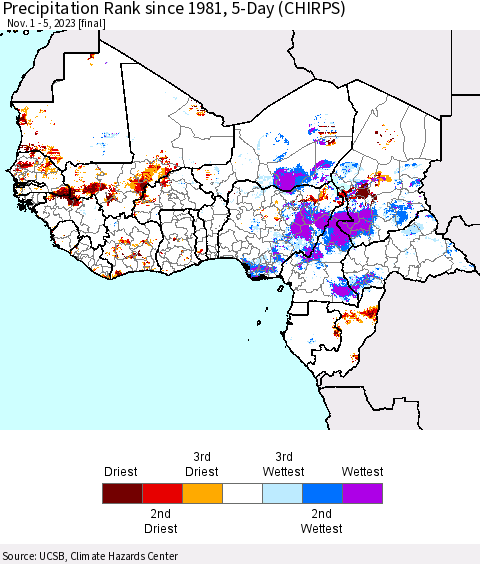 Western Africa Precipitation Rank since 1981, 5-Day (CHIRPS) Thematic Map For 11/1/2023 - 11/5/2023