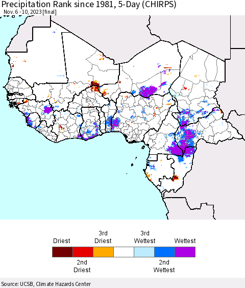 Western Africa Precipitation Rank since 1981, 5-Day (CHIRPS) Thematic Map For 11/6/2023 - 11/10/2023