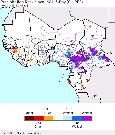 Western Africa Precipitation Rank since 1981, 5-Day (CHIRPS) Thematic Map For 11/11/2023 - 11/15/2023
